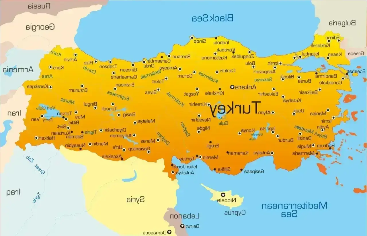 Mapa Turcji z zaznaczonymi miastami, idealna do planowania podróży i ubiegania się o **wiza do Turcji**.