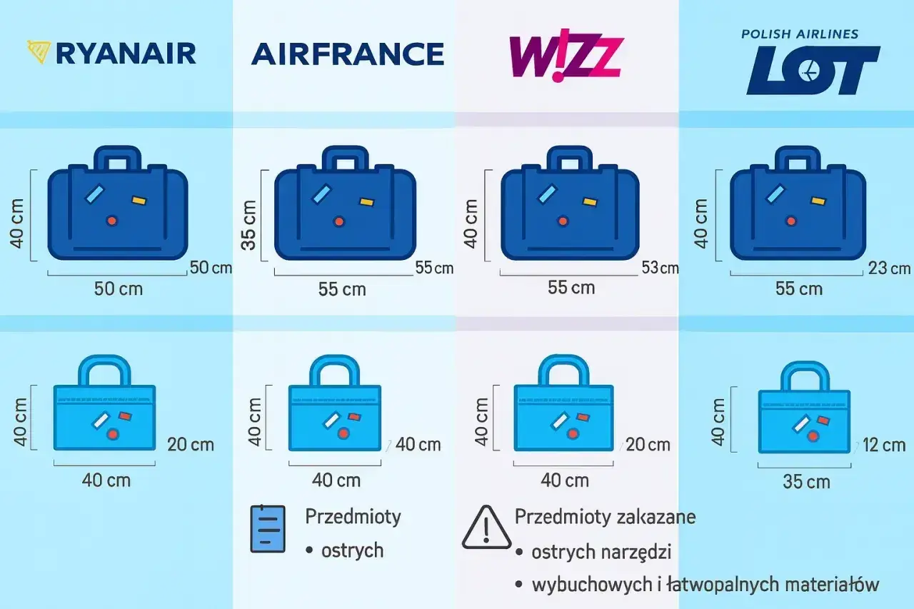 Porównanie wymiarów bagażu podręcznego dla Ryanair, Air France, Wizz Air i LOT. Sprawdź, co możesz zabrać na pokład.