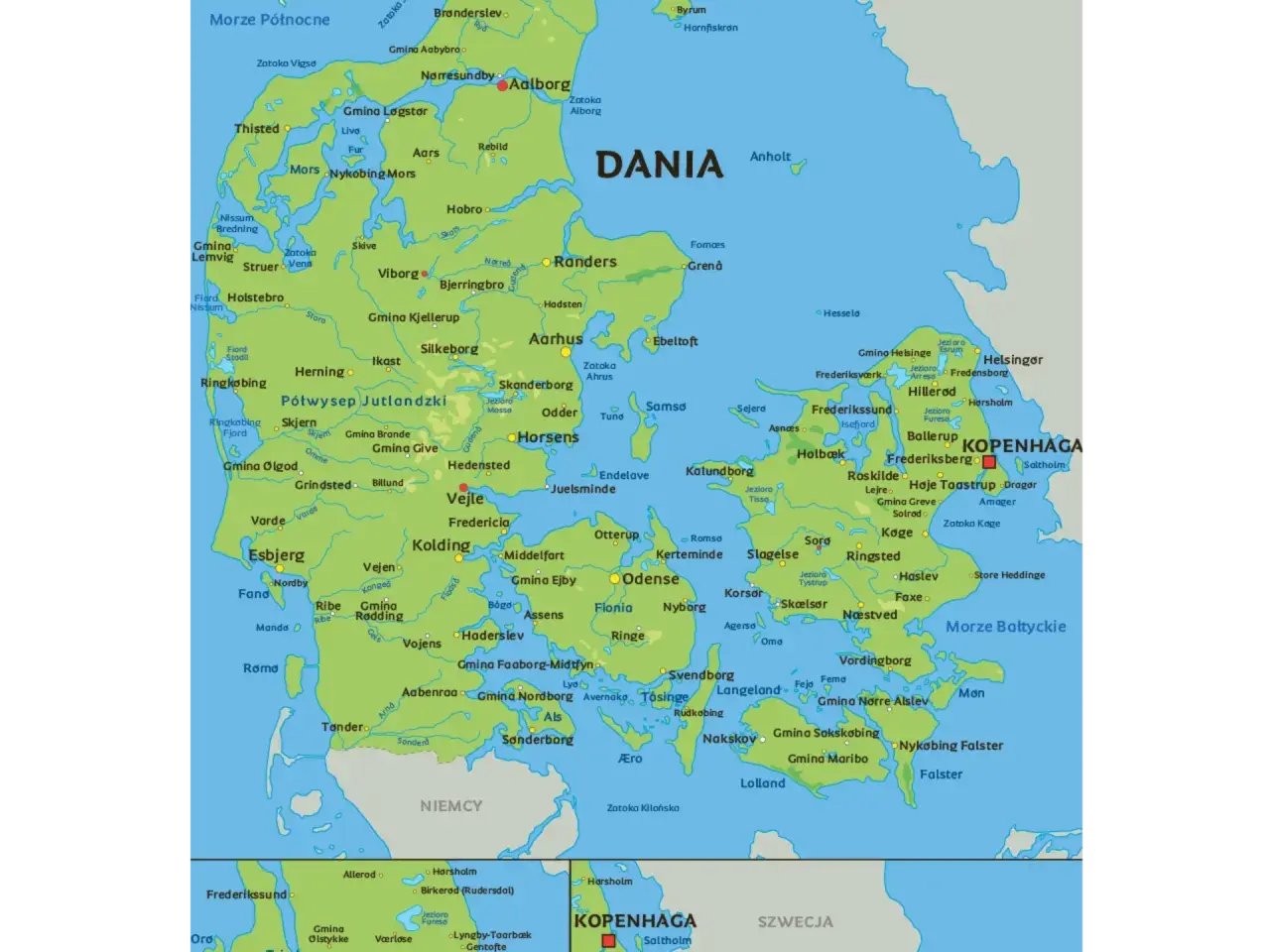 Mapa pokazuje, gdzie leży Dania, z zaznaczonymi miastami, półwyspem Jutlandzkim i wyspami.