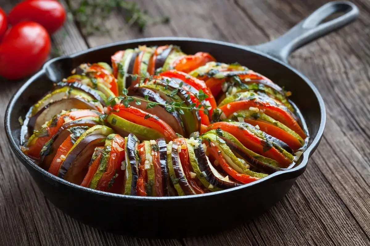 Piękne francuskie jedzenie: ratatouille w żeliwnej patelni, z plastrów cukinii, bakłażana i pomidorów, doprawione ziołami.