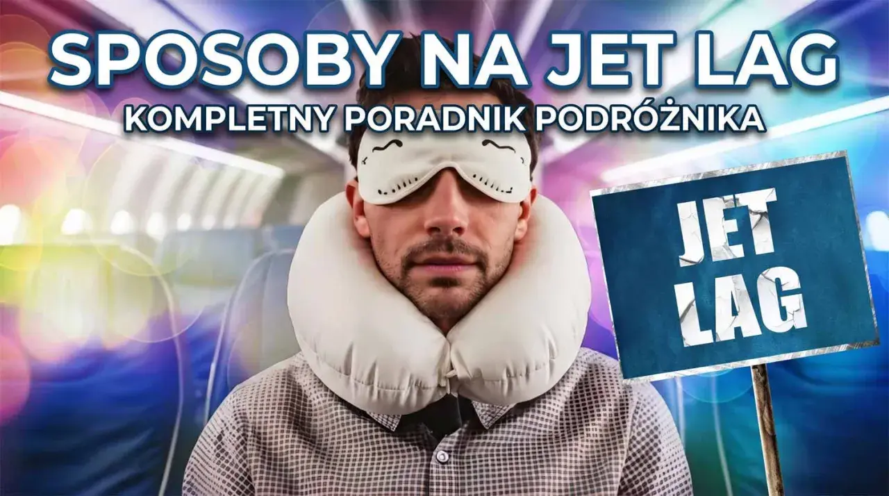 Mężczyzna w masce na oczy i poduszce podróżnej, gotowy na walkę z jet lagiem. Poradnik podróżnika.