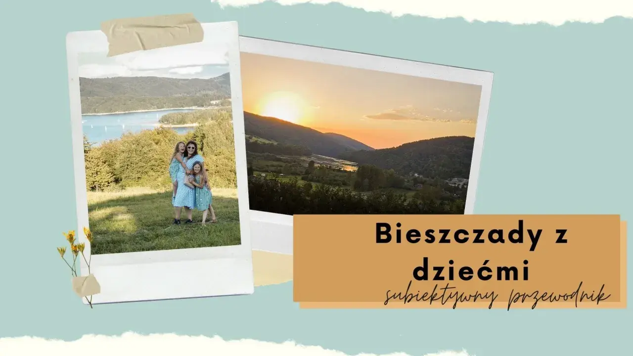 Rodzina cieszy się pięknymi widokami Bieszczad z dziećmi. Zachód słońca nad górami.