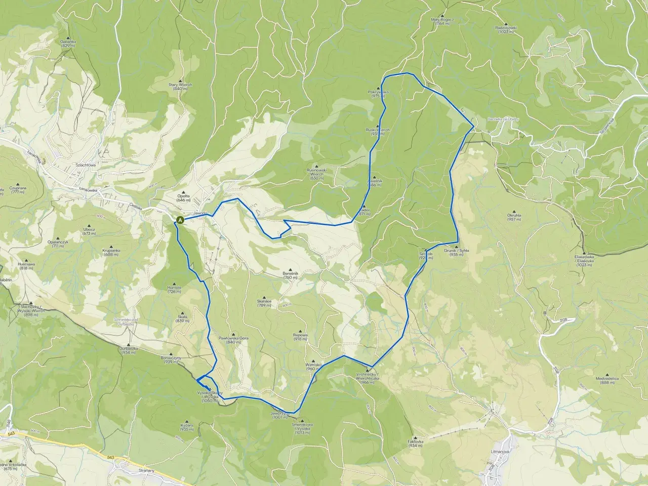 Szczawnica góry: mapa szlaków turystycznych z zaznaczonymi szczytami i schroniskami, idealna do planowania wędrówek po malowniczych terenach.