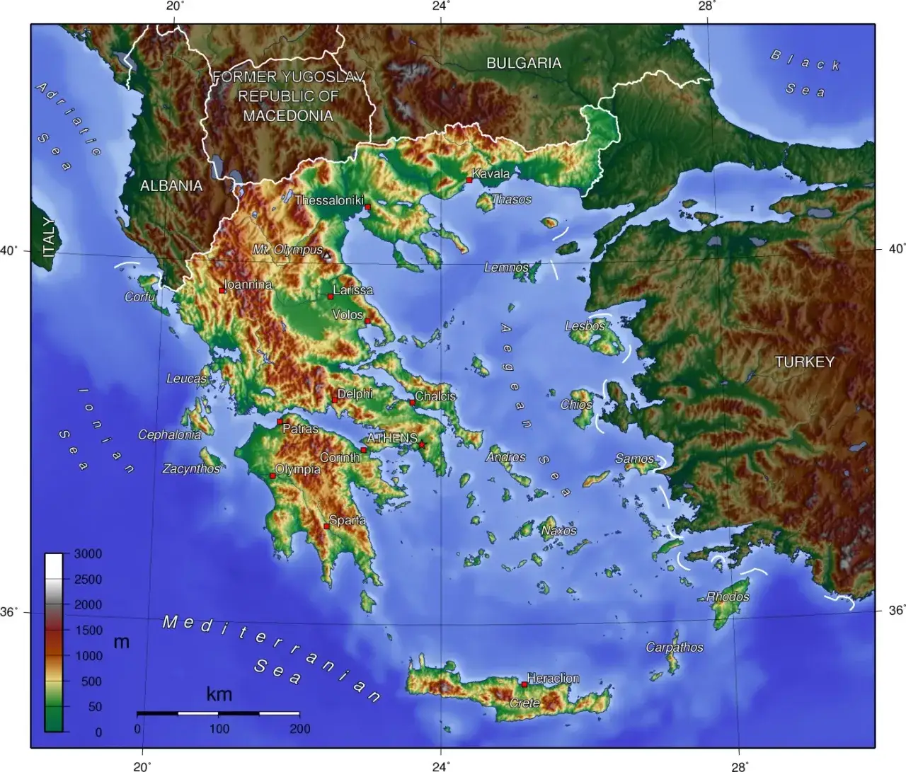 Mapa Grecji z zaznaczonymi morzami Egejskim, Jońskim, Kreteńskim i Trackim