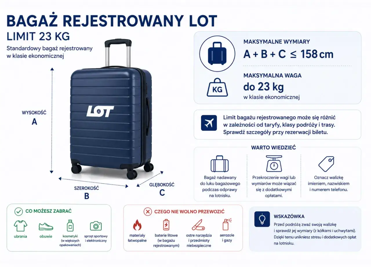 Granatowa walizka LOT z uchwytem i kółkami, symbolizująca bagaż rejestrowany do 23 kg. Wymiary: A+B+C ≤ 158 cm.