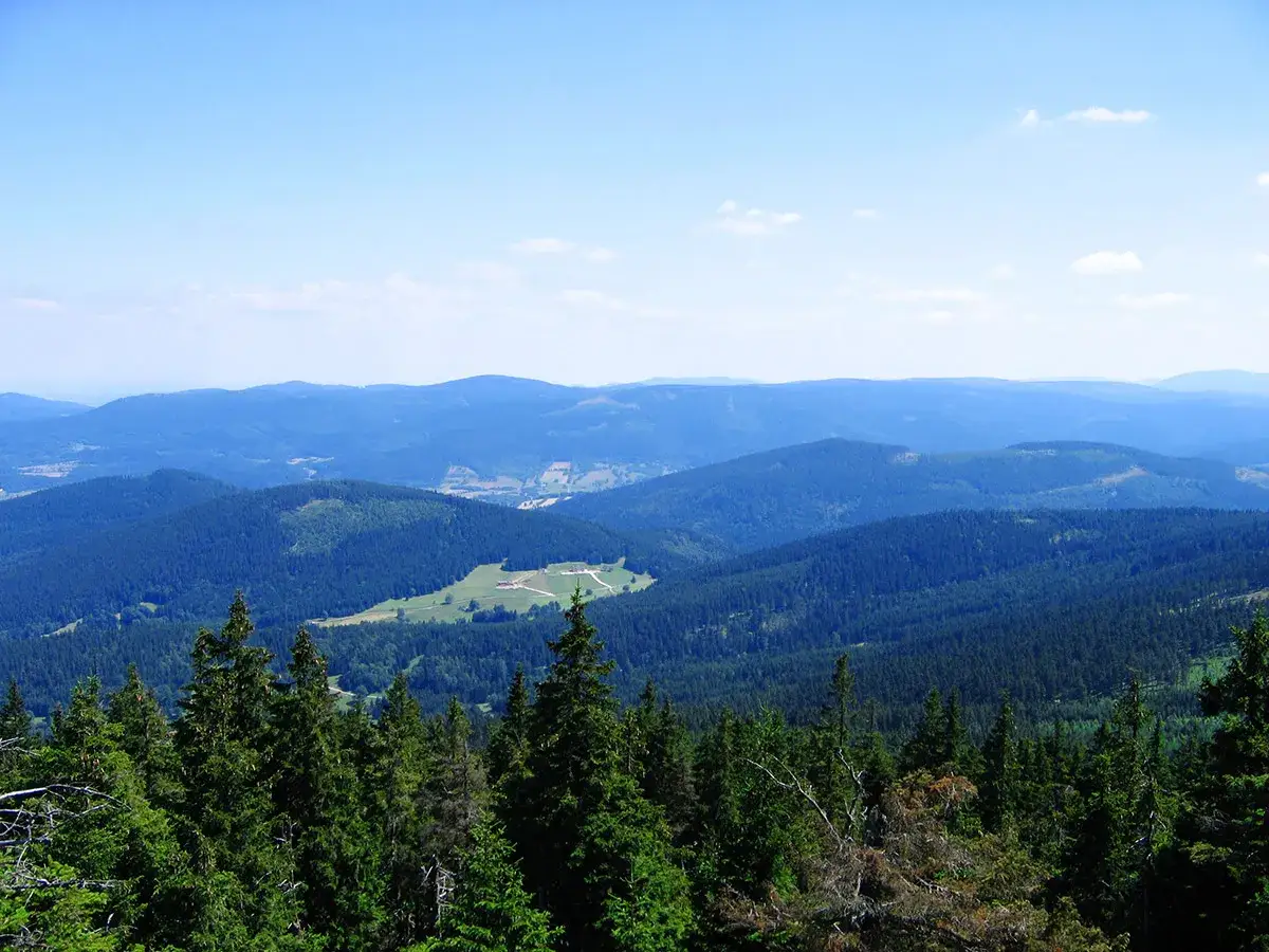 Widok na zalesione wzgórza i doliny. W oddali widać pola i zabudowania. Czarna Góra atrakcje czekają na odkrycie w tej malowniczej krainie.