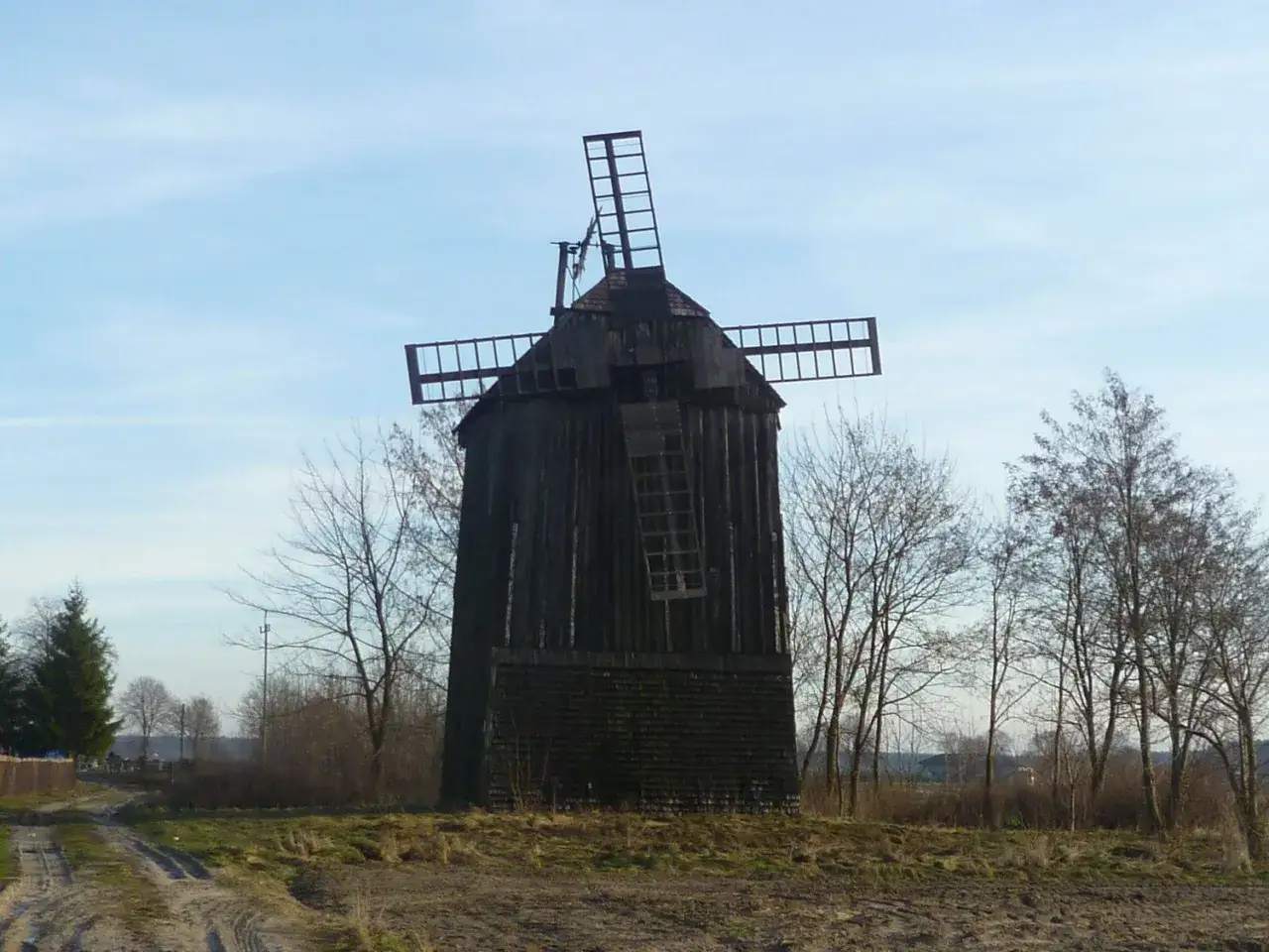 Stary, drewniany budzyń stoi na tle błękitnego nieba. Wiatrak z widocznymi skrzydłami, otoczony nagimi drzewami i polną drogą.