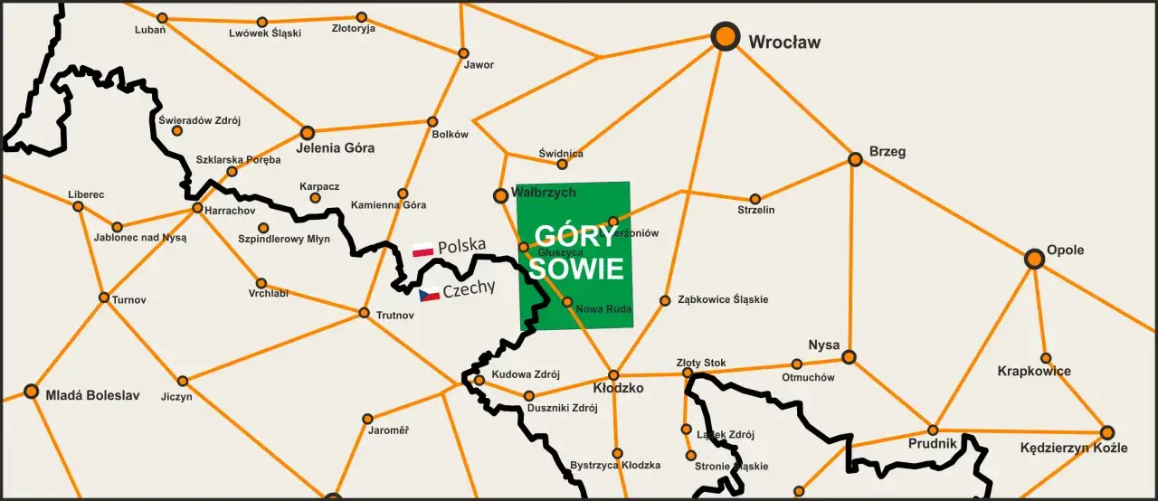 Mapa atrakcji Gór Sowich i okolic. Zaznaczone miasta i drogi w Polsce i Czechach.