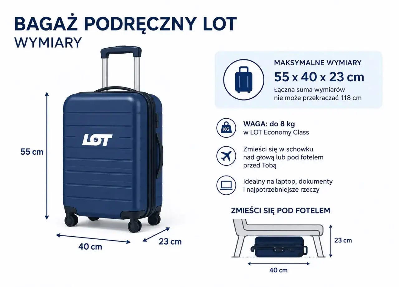 Bagaż podręczny LOT: wymiary 55x40x23 cm, waga do 8 kg. Idealny na laptopa, zmieści się pod fotelem.