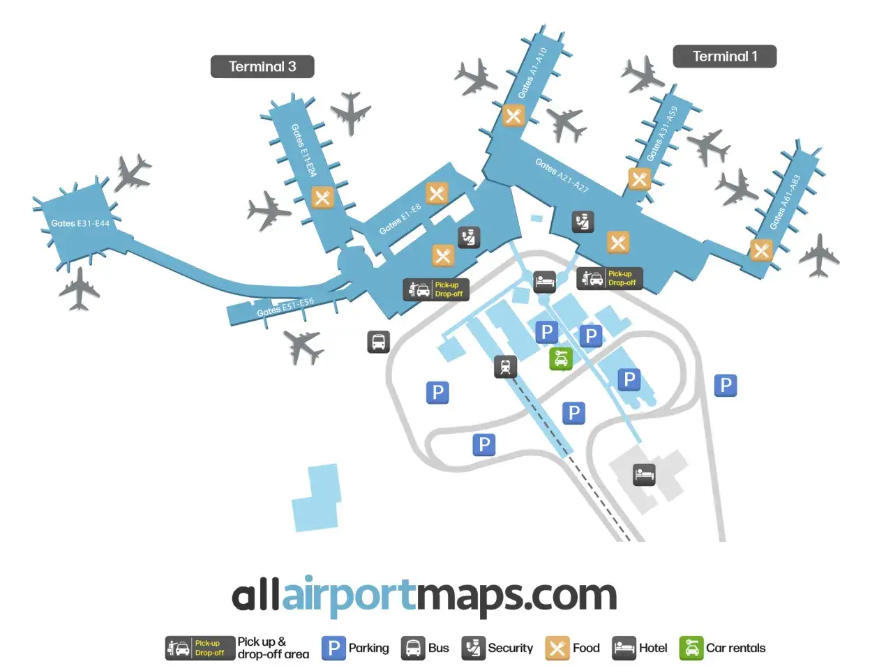 Plan lotniska Rzym Fiumicino z Terminalem 1 i 3, bramkami, parkingami, punktami pick-up/drop-off i ikonami udogodnień.