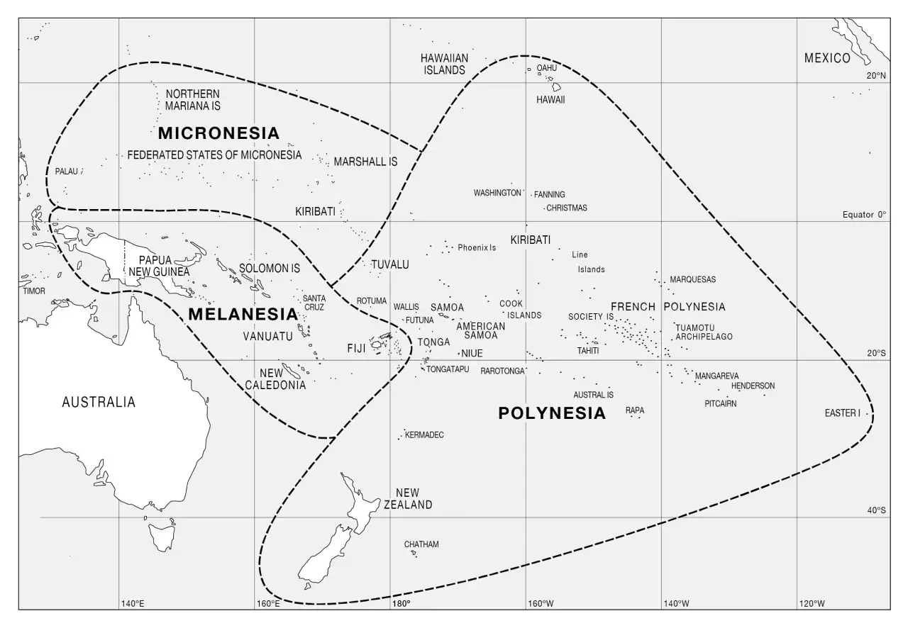 Mapa przedstawia podział na regiony: Mikronezja, Melanezja i Polinezja. Oceania państwa są zaznaczone na mapie.