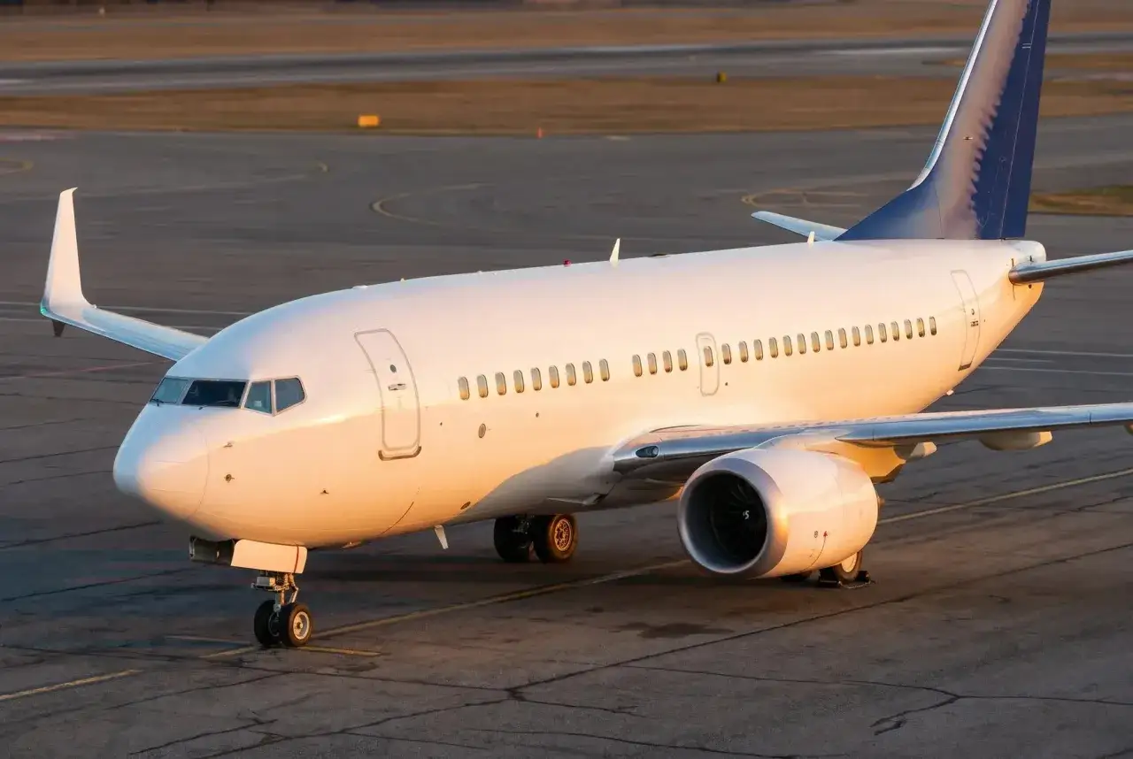 Biały samolot pasażerski Boeing 737 MAX stoi na płycie lotniska, oświetlony ciepłym światłem zachodzącego słońca.