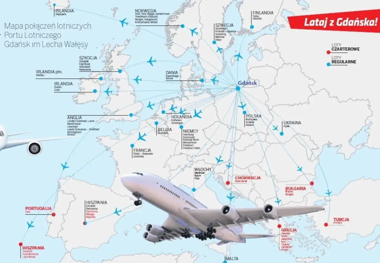 Tanie loty z Gdańska gdziekolwiek! Mapa pokazuje połączenia lotnicze do Europy, od Islandii po Turcję.