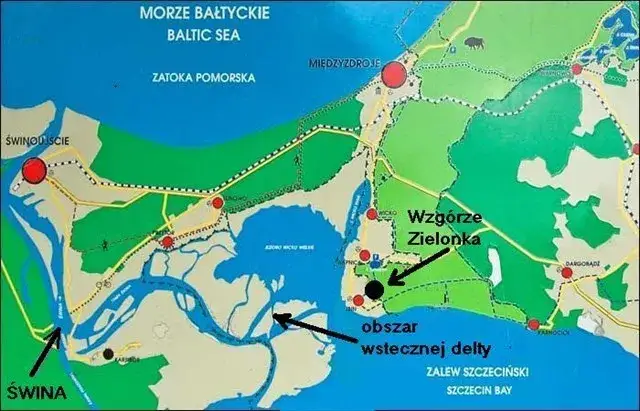 Mapa ujścia Odry z Zalewem Szczecińskim i cieśninami