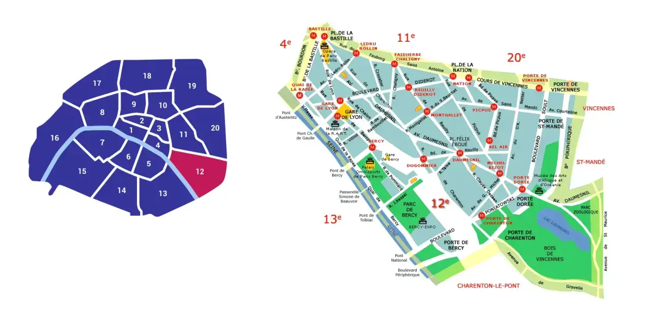 Mapa dzielnic Paryża z zaznaczonymi głównymi atrakcjami