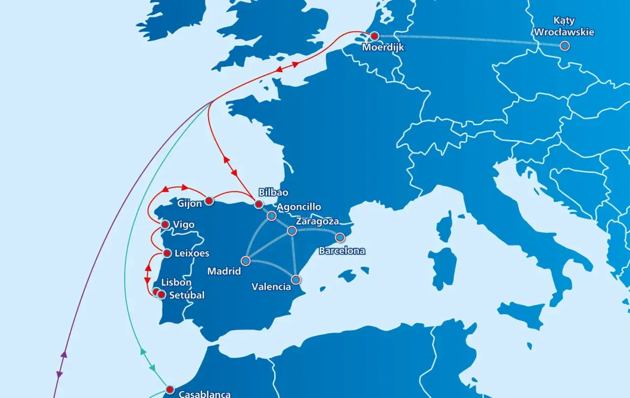 Mapa tras z Moerdijk i Kątów Wrocławskich do Hiszpanii: Bilbao, Zaragoza, Barcelona, Walencja, Madryt. Sprawdź, ile się leci do Hiszpanii!