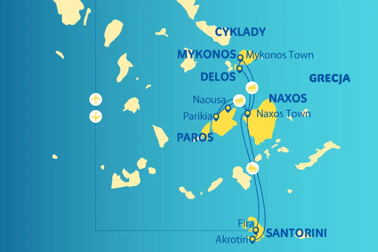 Mapa Grecji z zaznaczonymi wyspami Cyklady: Mykonos, Delos, Paros, Naxos i Santorini. Pokazuje trasy promowe i lotnicze.