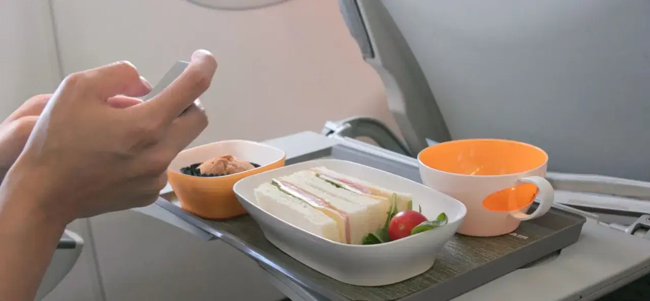 Na tacy w samolocie Ryanair kanapki, przekąska i napój. Czy można wziąć jedzenie do samolotu Ryanair? Tak, ale sprawdź zasady.