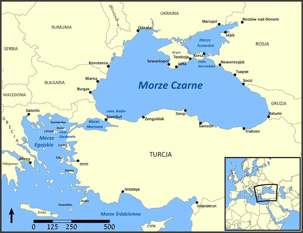 Mapa Morza Czarnego symbolika kolor&oacute;w kierunk&oacute;w świata