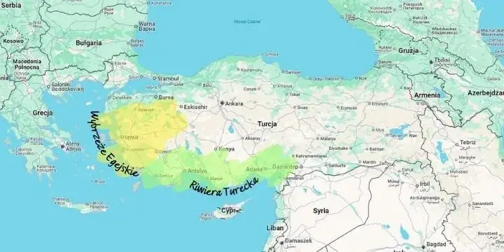 Mapa Turcji z zaznaczonymi regionami Riwiery Tureckiej i Wybrzeża Egejskiego