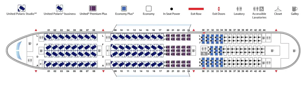 Rozkład miejsc w Boeing 787-9 Dreamliner LOT. Widoczne klasy: United Polaris Studio, Business, Premium Plus, Economy Plus i Economy.