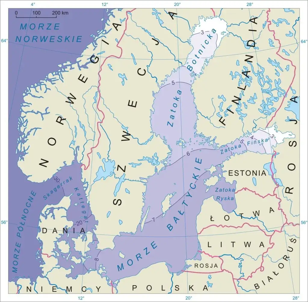 Mapa Morza Bałtyckiego z zaznaczonymi nazwami geograficznymi