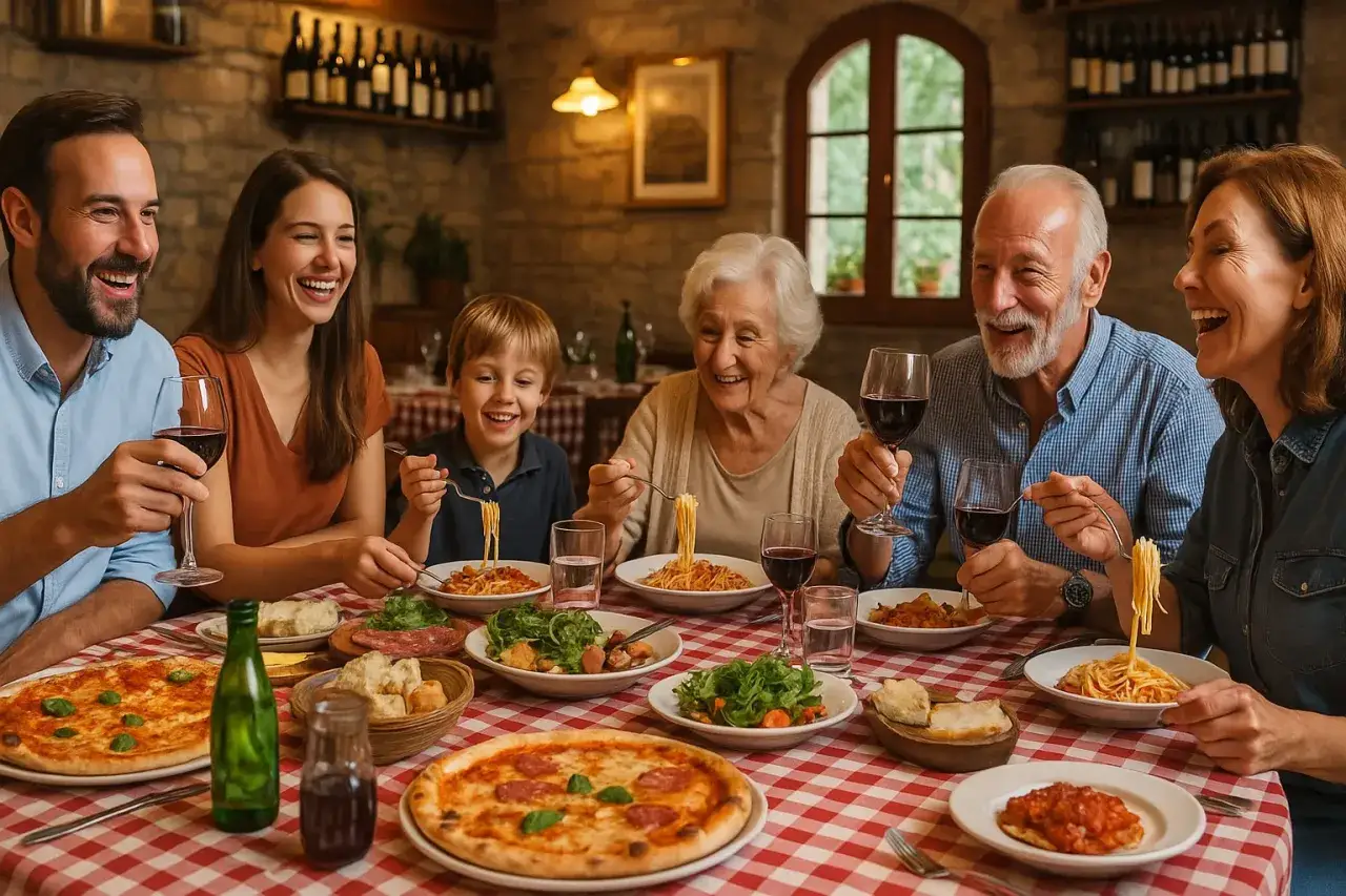 Rodzina przy stole, jedzą pizzę i makaron, piją wino. Wszyscy się śmieją, życząc sobie 