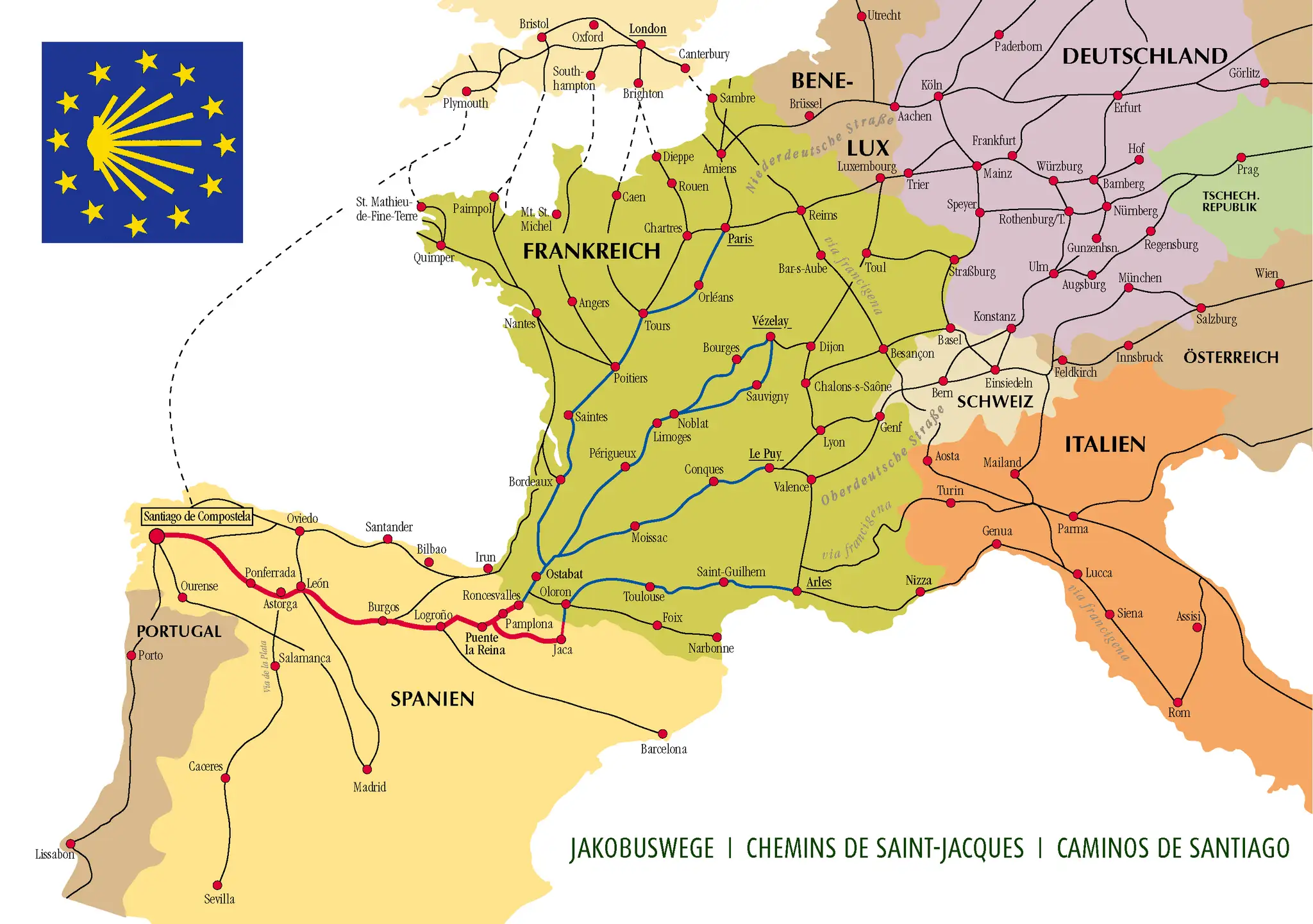 Mapa szlaków św. Jakuba, ukazująca trasy przez Francję, Hiszpanię, Portugalię, Włochy i Niemcy, z zaznaczonymi miastami i symbolami pielgrzymkowymi.