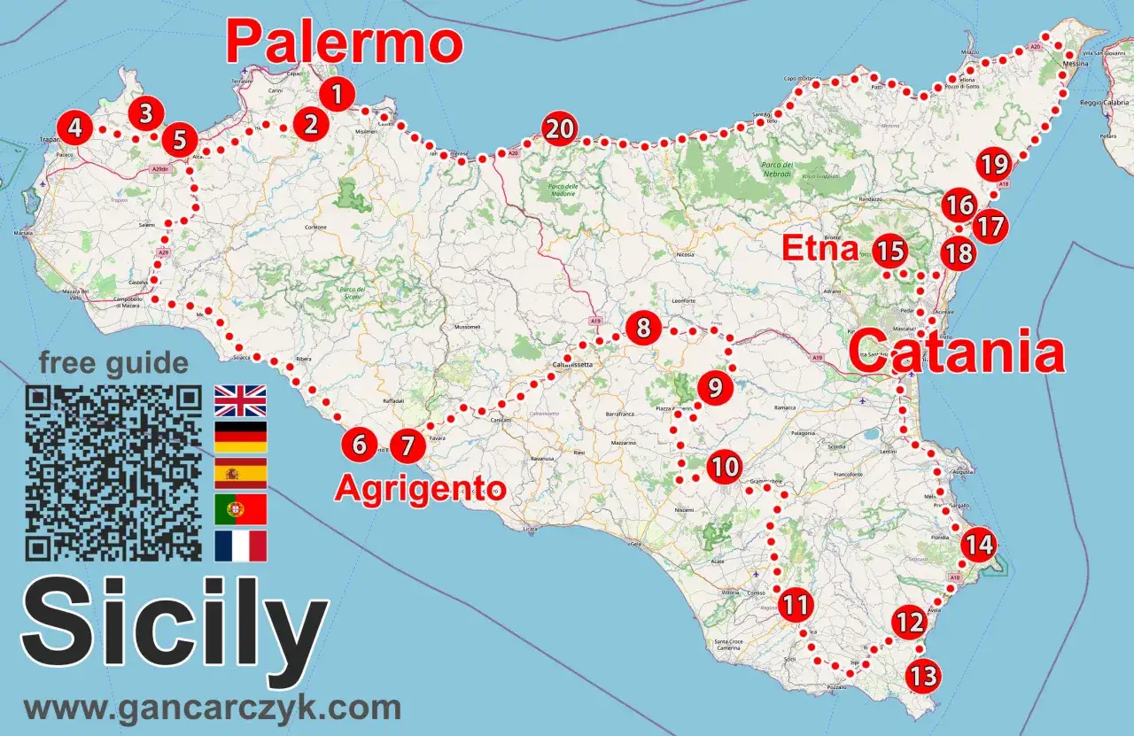 Mapa Sycylii z zaznaczonymi miastami: Palermo, Agrigento, Etna, Katania. Trasa turystyczna.