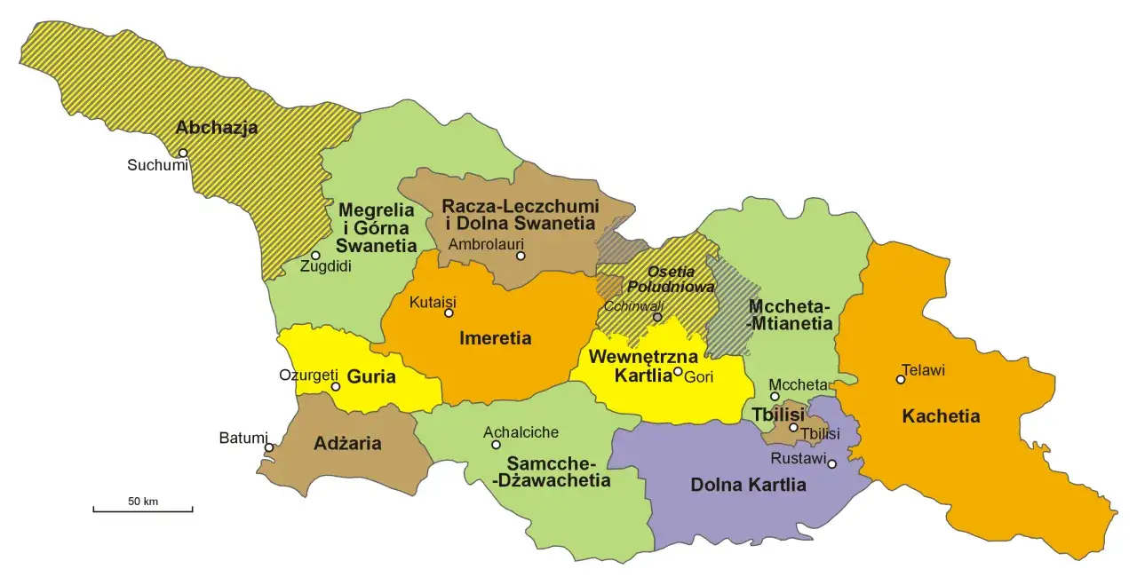 Mapa Gruzji z podziałem na regiony. Czy w Gruzji jest bezpiecznie? Mapa pokazuje regiony takie jak Abchazja, Adżaria, Kachetia, Imeretia, Dolna Kartlia, Mccheta-Mtianetia, Megrelia i Górna Swanetia, Racza-Leczchumi i Dolna Swanetia, Osetia Południowa, ...