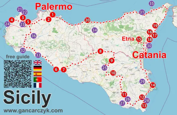 Mapa Sycylii z zaznaczonymi miastami i trasami. Widoczne Palermo, Etna, Katania i inne sycylijskie miasta.
